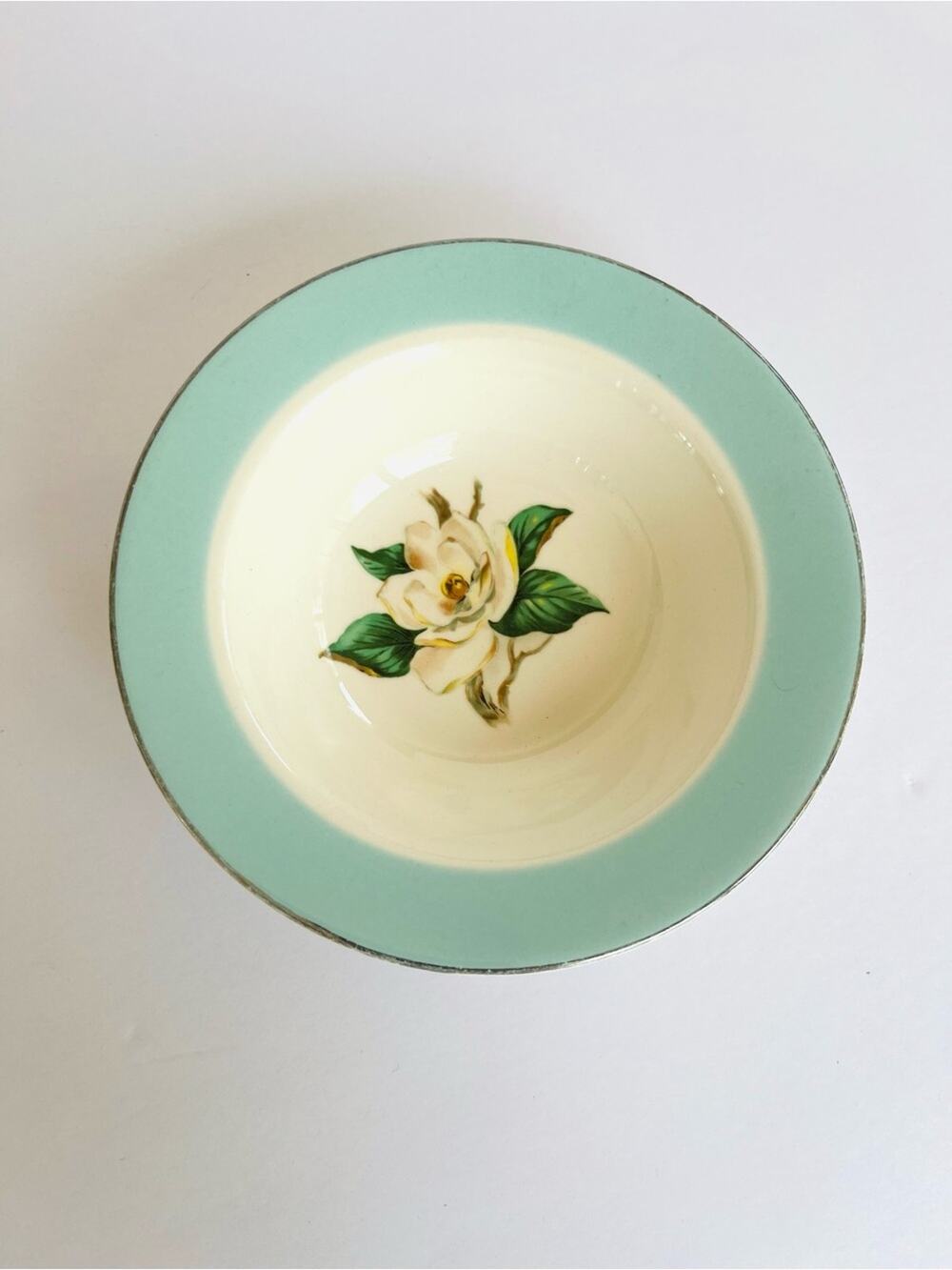 Vintage Small Ceramic Bowl Turquoise Green Rim Floral Fine China Trinket Dish